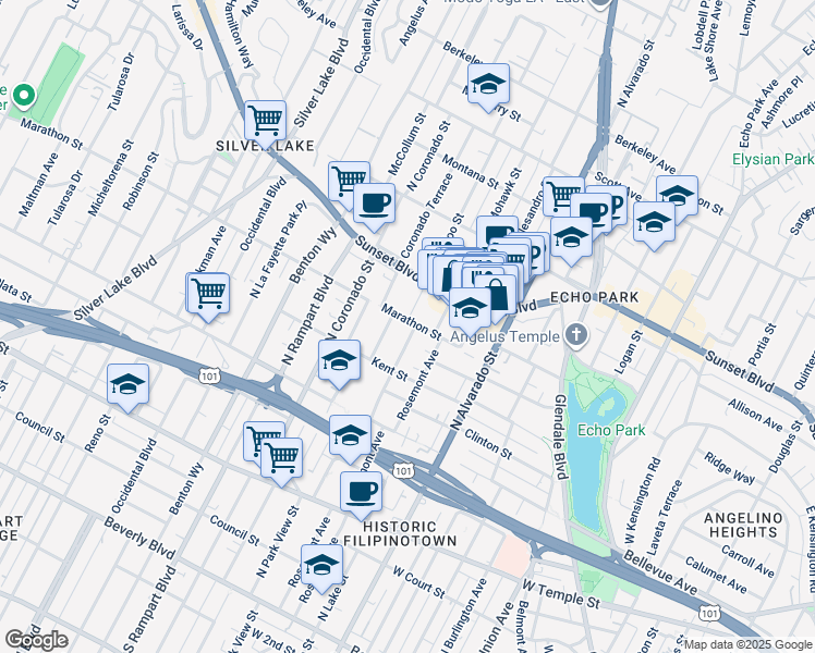 map of restaurants, bars, coffee shops, grocery stores, and more near 855 Waterloo Street in Los Angeles