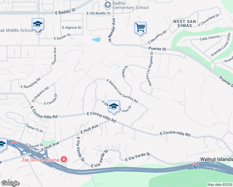 map of restaurants, bars, coffee shops, grocery stores, and more near 20550 East Rancho Los Cerritos Road in Covina