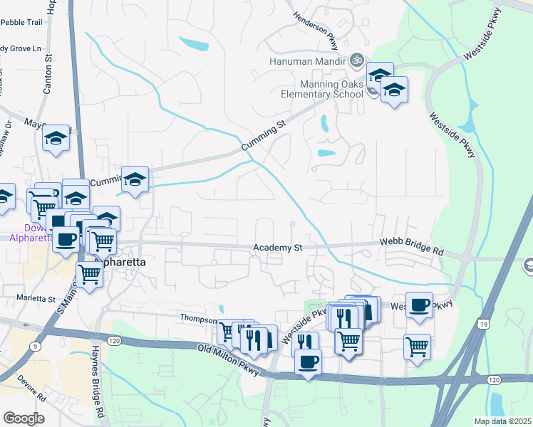 map of restaurants, bars, coffee shops, grocery stores, and more near 5103 Village Green Way in Alpharetta