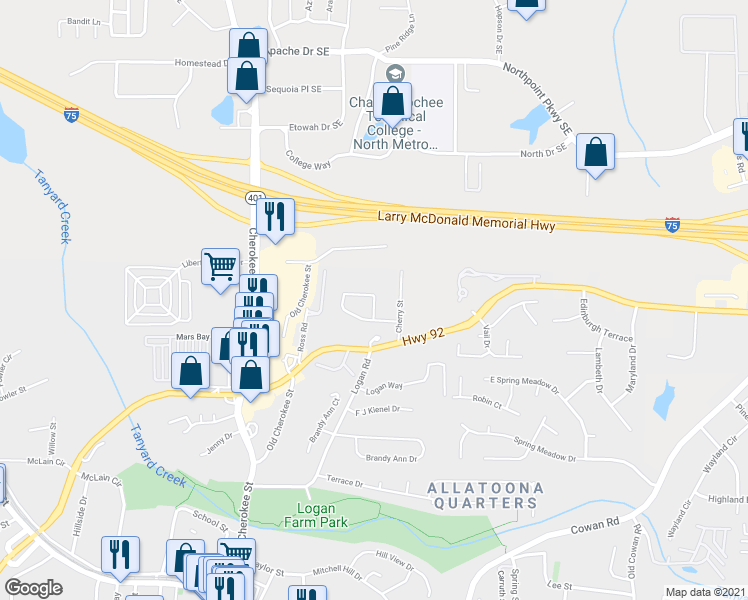 map of restaurants, bars, coffee shops, grocery stores, and more near Pepper Circle in Acworth