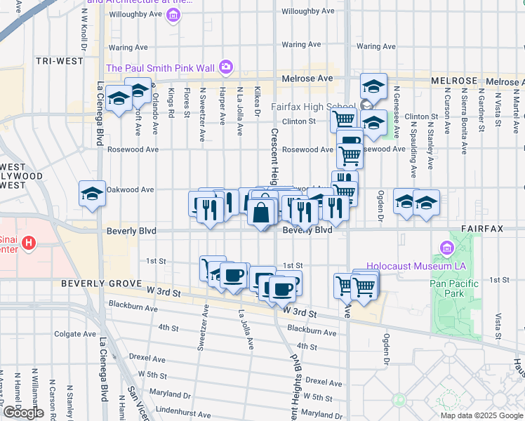 map of restaurants, bars, coffee shops, grocery stores, and more near 330 North Kilkea Drive in Los Angeles