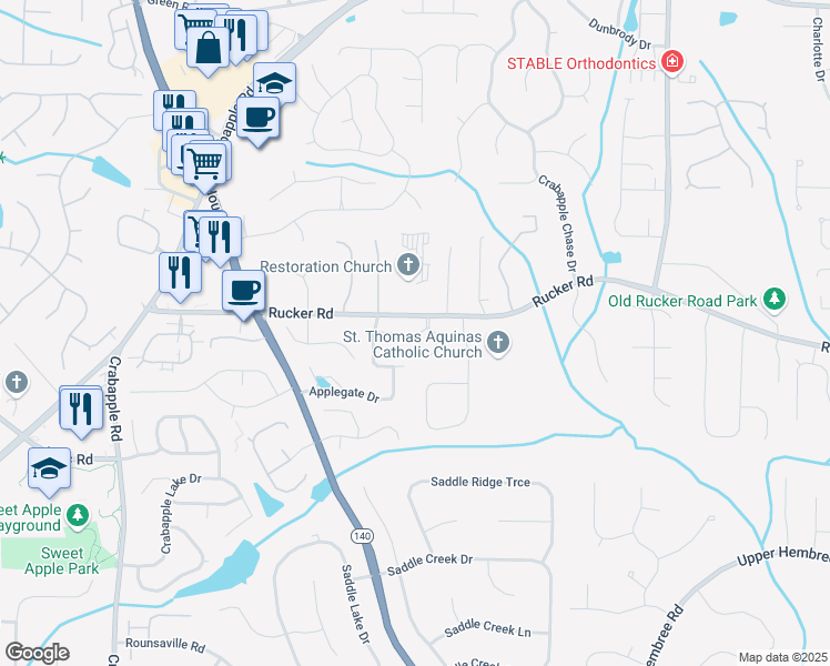 map of restaurants, bars, coffee shops, grocery stores, and more near 12140 Walnut Terrace in Alpharetta