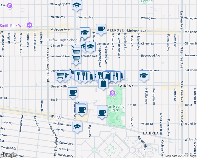 map of restaurants, bars, coffee shops, grocery stores, and more near 331 North Spaulding Avenue in Los Angeles