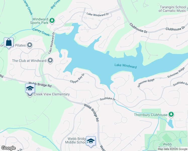 map of restaurants, bars, coffee shops, grocery stores, and more near 255 Clipper Bay Drive in Alpharetta