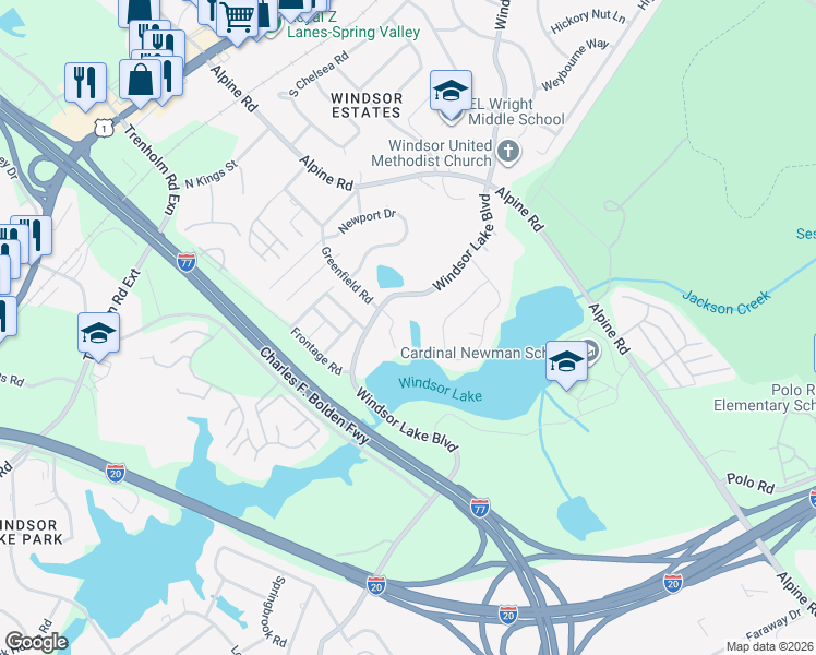 map of restaurants, bars, coffee shops, grocery stores, and more near 9222 Windsor Lake Boulevard in Columbia