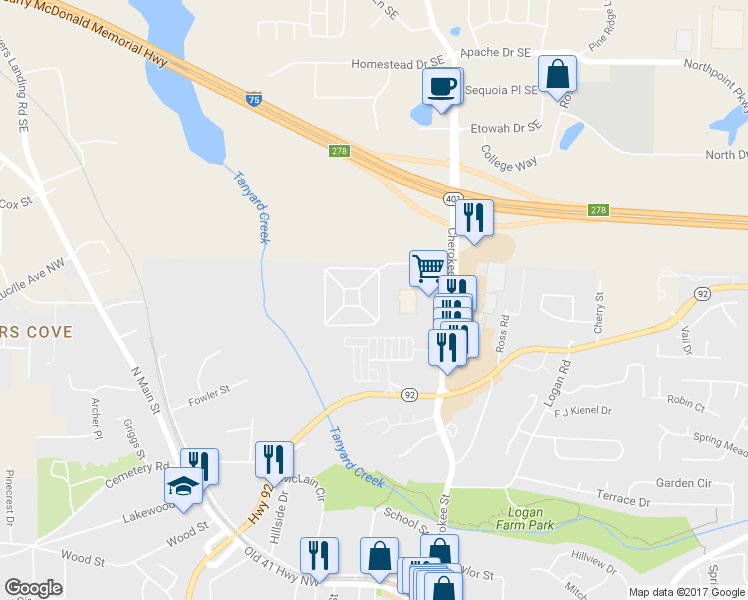 map of restaurants, bars, coffee shops, grocery stores, and more near 4707 Liberty Square Drive in Acworth