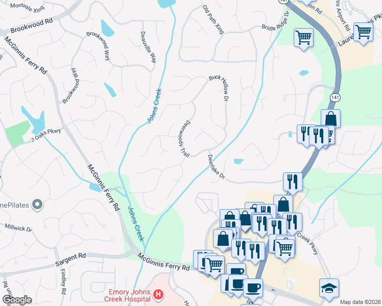 map of restaurants, bars, coffee shops, grocery stores, and more near 6110 Deerwoods Trail in Alpharetta