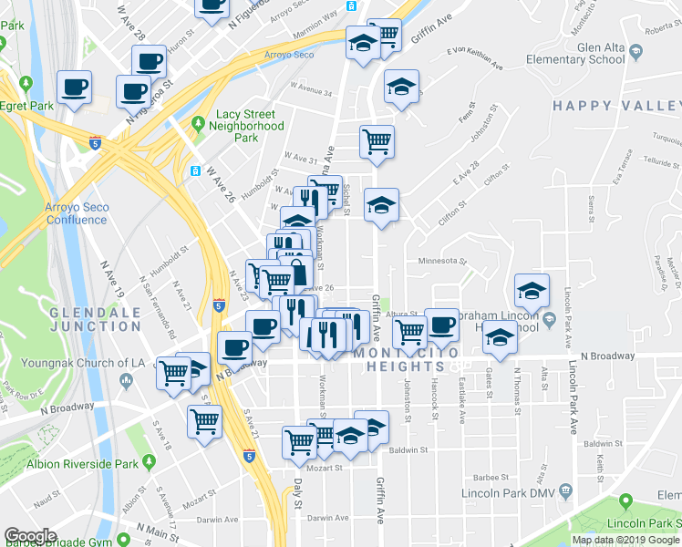 map of restaurants, bars, coffee shops, grocery stores, and more near 2615 Sichel Street in Los Angeles
