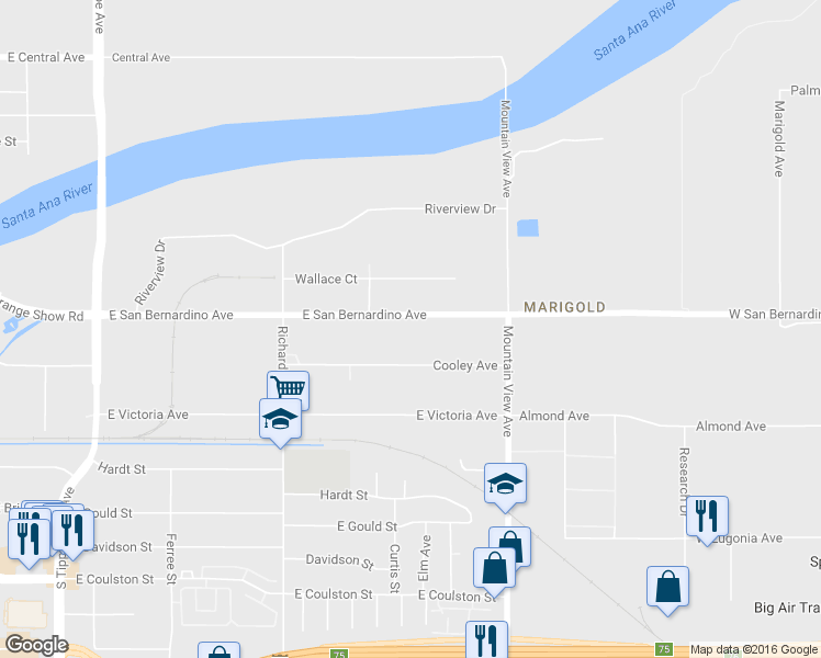 map of restaurants, bars, coffee shops, grocery stores, and more near 1855 East San Bernardino Avenue in San Bernardino