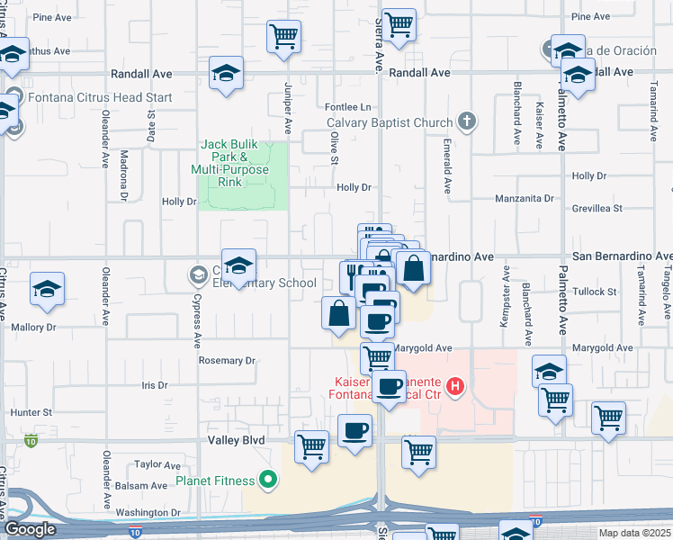 map of restaurants, bars, coffee shops, grocery stores, and more near 16803 San Bernardino Avenue in Fontana