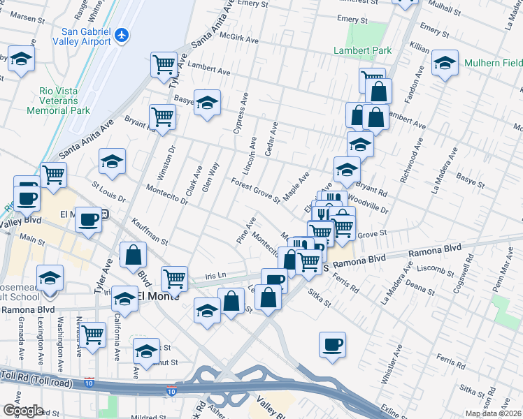 map of restaurants, bars, coffee shops, grocery stores, and more near 11335 Medina Court in El Monte