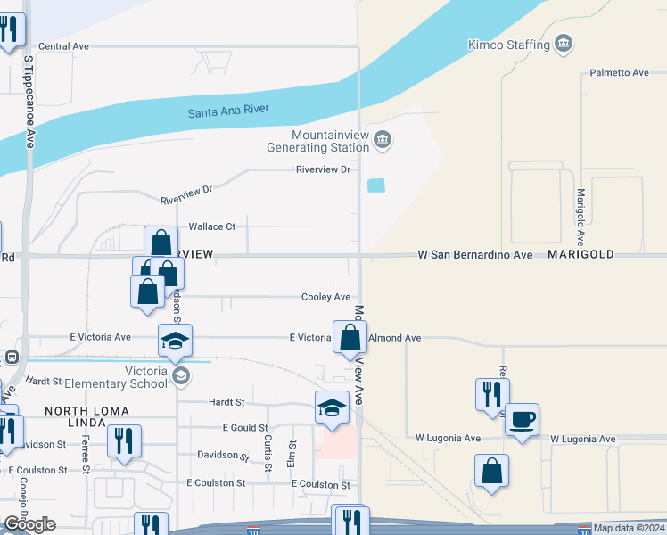 map of restaurants, bars, coffee shops, grocery stores, and more near 1965 East San Bernardino Avenue in San Bernardino
