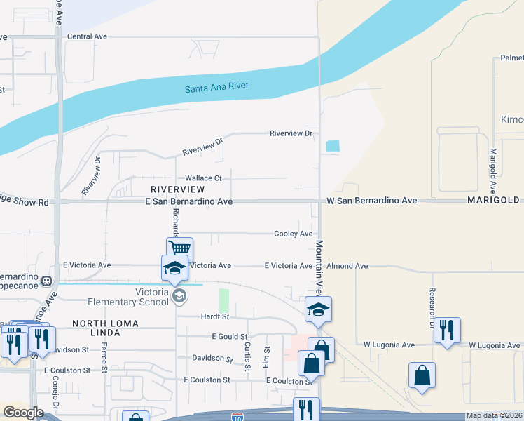 map of restaurants, bars, coffee shops, grocery stores, and more near 1855 East San Bernardino Avenue in San Bernardino