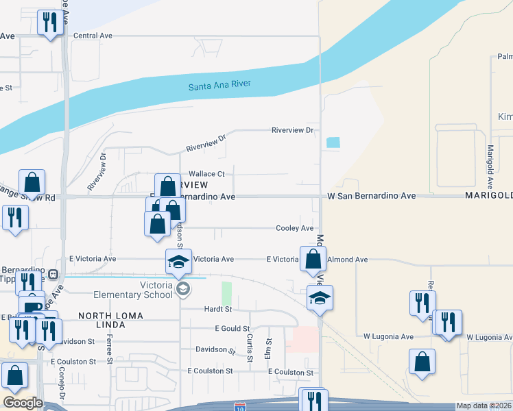 map of restaurants, bars, coffee shops, grocery stores, and more near 1855 East San Bernardino Avenue in San Bernardino