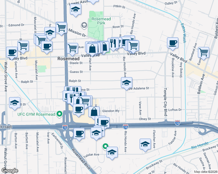 map of restaurants, bars, coffee shops, grocery stores, and more near 9307 De Adalena Street in Rosemead