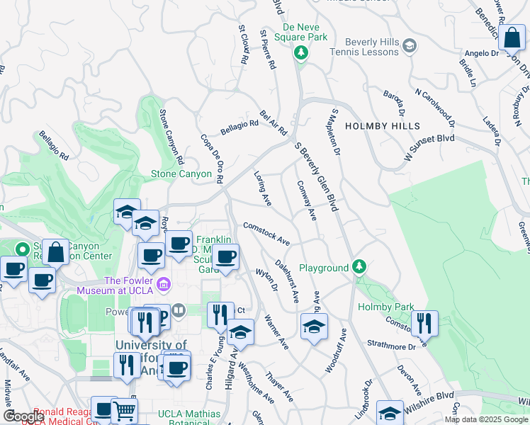 map of restaurants, bars, coffee shops, grocery stores, and more near 10444 Charing Cross Road in Los Angeles