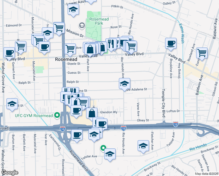map of restaurants, bars, coffee shops, grocery stores, and more near 9307 De Adalena Street in Rosemead