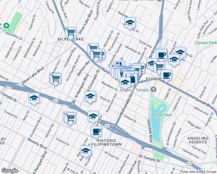 map of restaurants, bars, coffee shops, grocery stores, and more near 855 Waterloo Street in Los Angeles