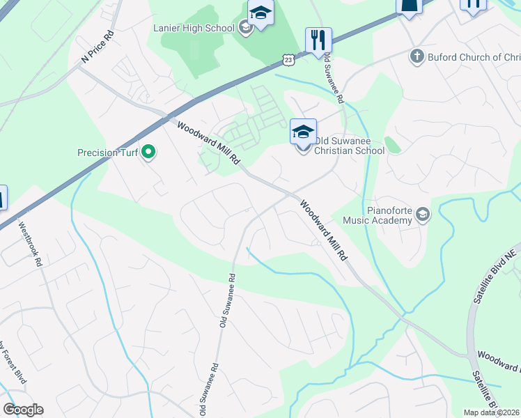 map of restaurants, bars, coffee shops, grocery stores, and more near 4108 Laura Jean Way in Buford