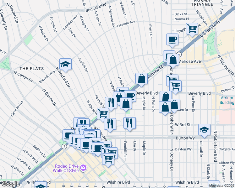 map of restaurants, bars, coffee shops, grocery stores, and more near North Maple Drive in Beverly Hills