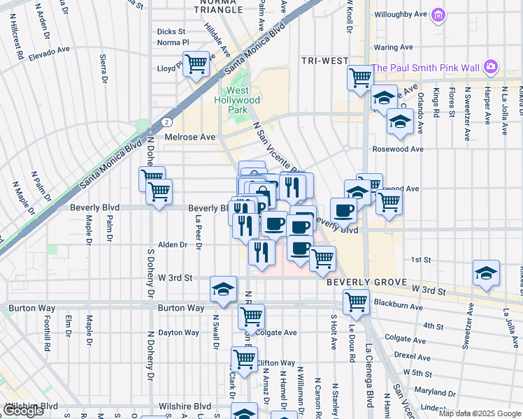 map of restaurants, bars, coffee shops, grocery stores, and more near 8776 Bonner Drive in West Hollywood