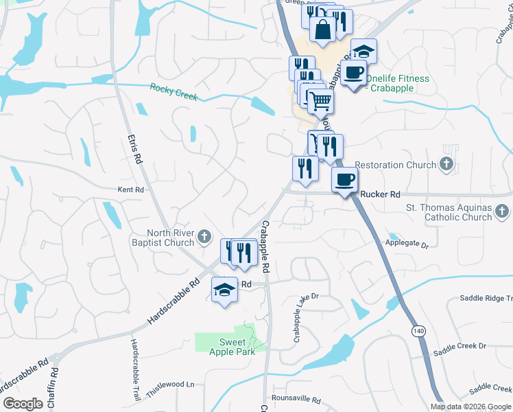 map of restaurants, bars, coffee shops, grocery stores, and more near 530 Rose Border Drive in Roswell