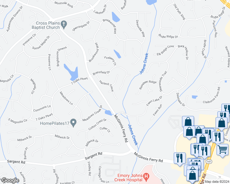 map of restaurants, bars, coffee shops, grocery stores, and more near 7305 Harlech Trace in Cumming