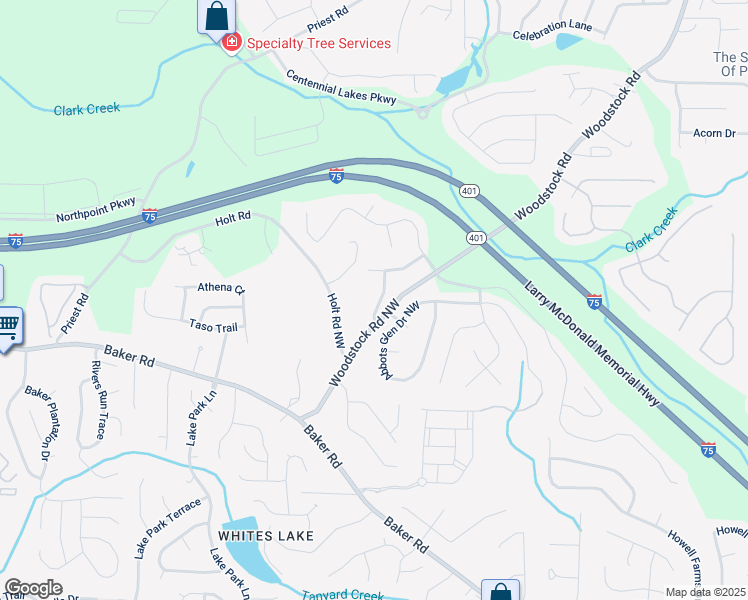 map of restaurants, bars, coffee shops, grocery stores, and more near 4975 Rockstone Way in Acworth