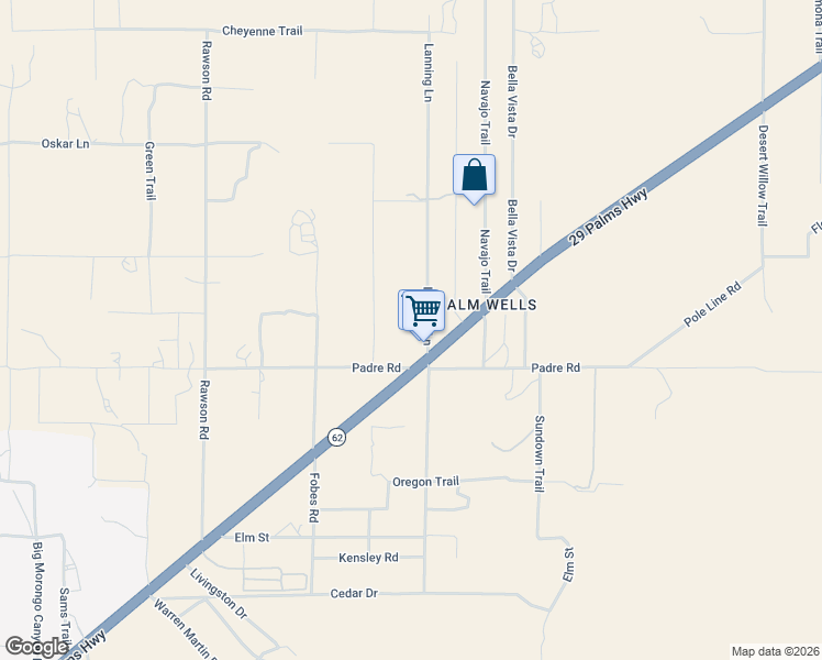 map of restaurants, bars, coffee shops, grocery stores, and more near 9640 Lanning Lane in Morongo Valley