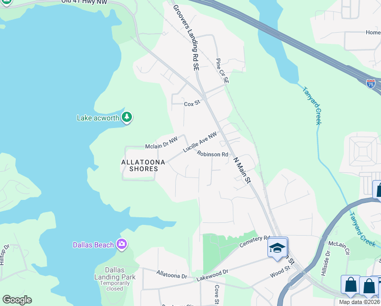 map of restaurants, bars, coffee shops, grocery stores, and more near 4975 Robinson Road in Acworth