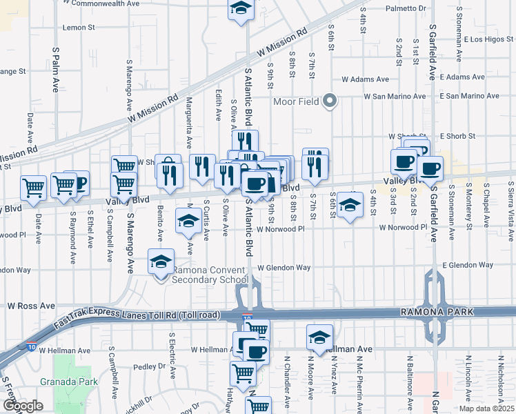 map of restaurants, bars, coffee shops, grocery stores, and more near 1410 South Atlantic Boulevard in Alhambra