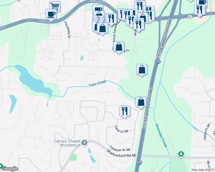 map of restaurants, bars, coffee shops, grocery stores, and more near 1819 Yorkshire Drive in Woodstock