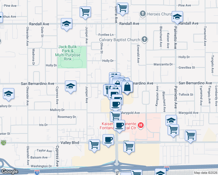 map of restaurants, bars, coffee shops, grocery stores, and more near 9714 Sierra Avenue in Fontana