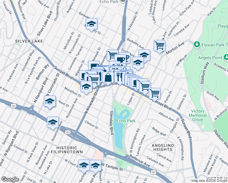 map of restaurants, bars, coffee shops, grocery stores, and more near 1915 Park Avenue in Los Angeles