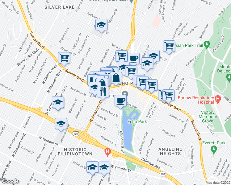 map of restaurants, bars, coffee shops, grocery stores, and more near 2006 Sunset Boulevard in Los Angeles