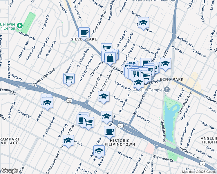 map of restaurants, bars, coffee shops, grocery stores, and more near 833 Coronado Terrace in Los Angeles
