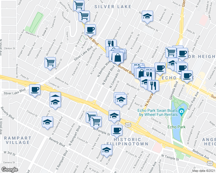 map of restaurants, bars, coffee shops, grocery stores, and more near 807 North Coronado Street in Los Angeles