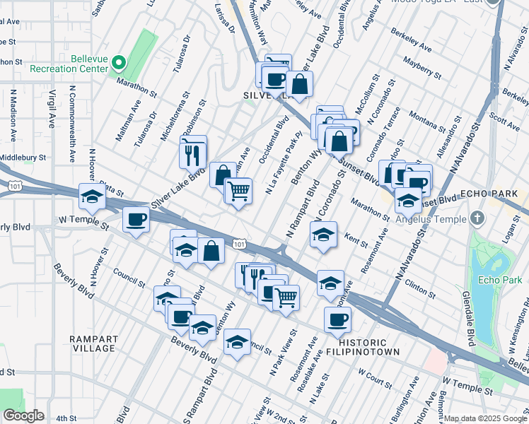 map of restaurants, bars, coffee shops, grocery stores, and more near 631 North Benton Way in Los Angeles