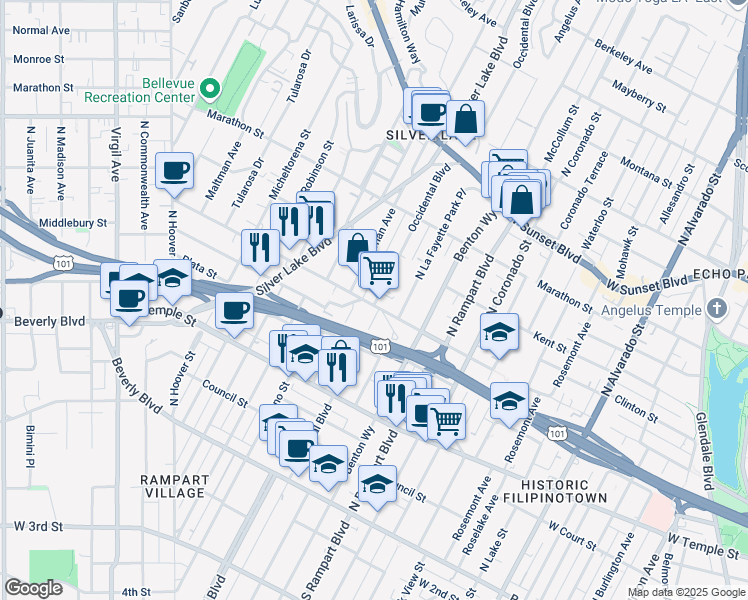 map of restaurants, bars, coffee shops, grocery stores, and more near 446 Parkman Avenue in Los Angeles