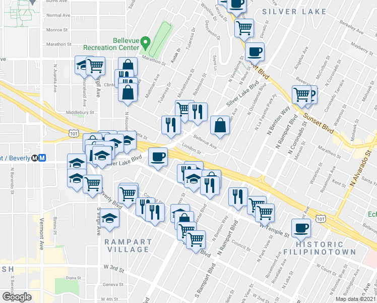map of restaurants, bars, coffee shops, grocery stores, and more near 419 North Vendome Street in Los Angeles