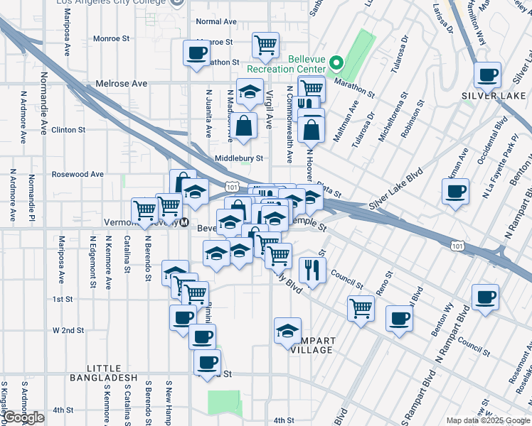 map of restaurants, bars, coffee shops, grocery stores, and more near 323 North Virgil Avenue in Los Angeles