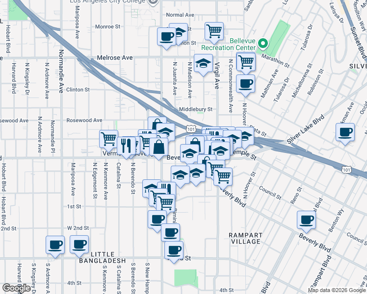 map of restaurants, bars, coffee shops, grocery stores, and more near 316 North Juanita Avenue in Los Angeles