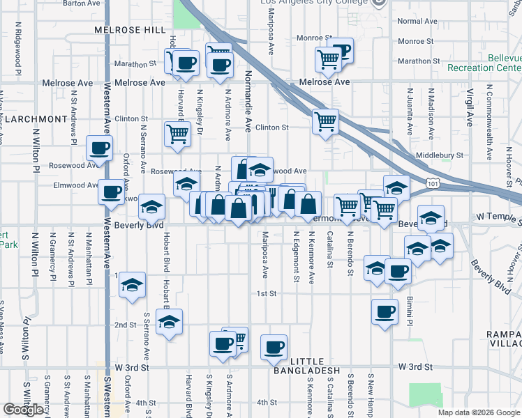 map of restaurants, bars, coffee shops, grocery stores, and more near 318 North Mariposa Avenue in Los Angeles