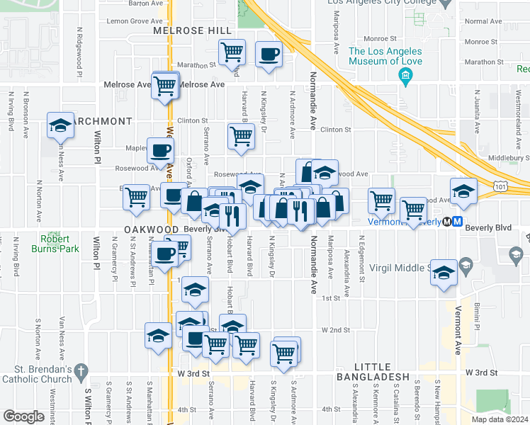 map of restaurants, bars, coffee shops, grocery stores, and more near in Los Angeles