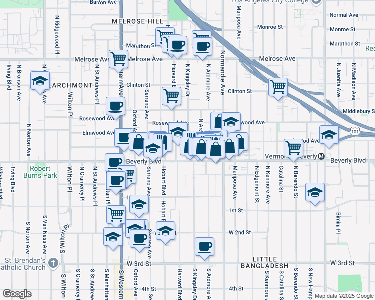 map of restaurants, bars, coffee shops, grocery stores, and more near in Los Angeles