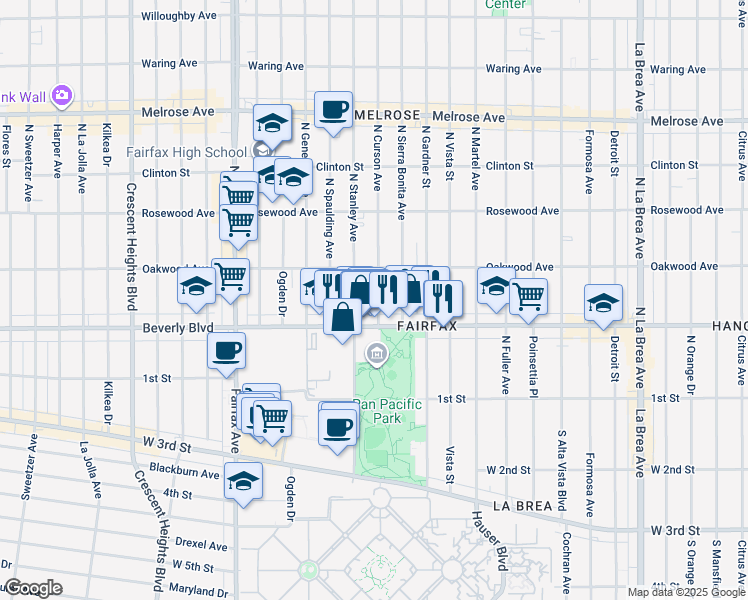 map of restaurants, bars, coffee shops, grocery stores, and more near 326 North Stanley Avenue in Los Angeles