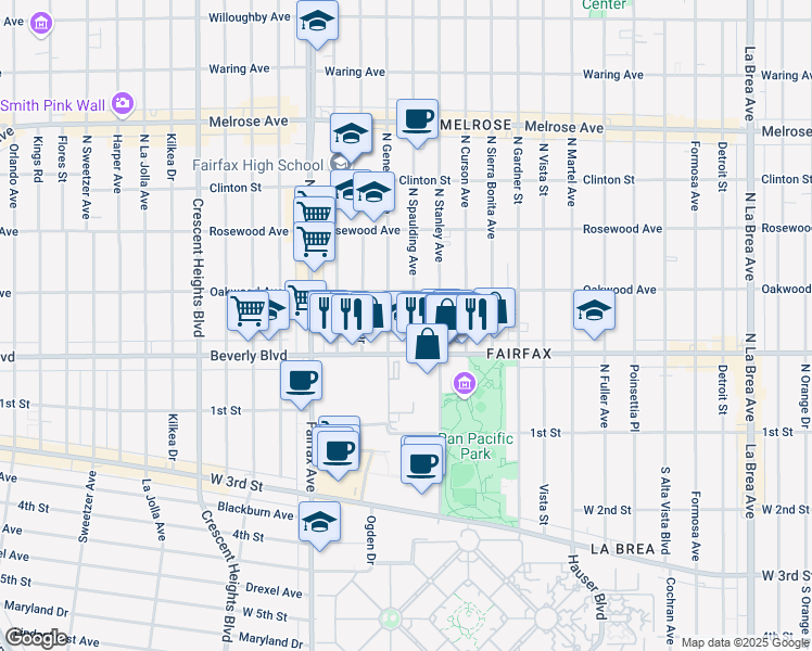 map of restaurants, bars, coffee shops, grocery stores, and more near 331 North Spaulding Avenue in Los Angeles