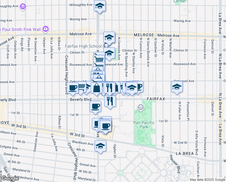 map of restaurants, bars, coffee shops, grocery stores, and more near 332 North Ogden Drive in Los Angeles