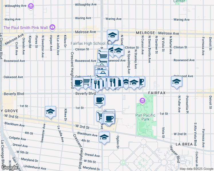 map of restaurants, bars, coffee shops, grocery stores, and more near 331 1/2 North Orange Grove Avenue in Los Angeles