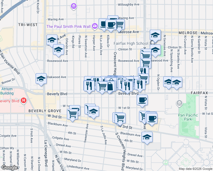 map of restaurants, bars, coffee shops, grocery stores, and more near 330 North Kilkea Drive in Los Angeles